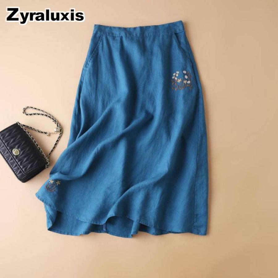 Chiffon Cotton Linen Embroidered Maxi Skirt Loose Wide Leg Pants Casual Bohemian Dress M
