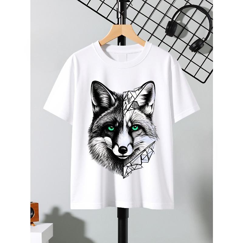 European sizes Boys' T-shirt Fox Face Geometric Pattern Art, Ideal for Outdoor Activities, Soft Knitted Top, Comfortable And Breathable