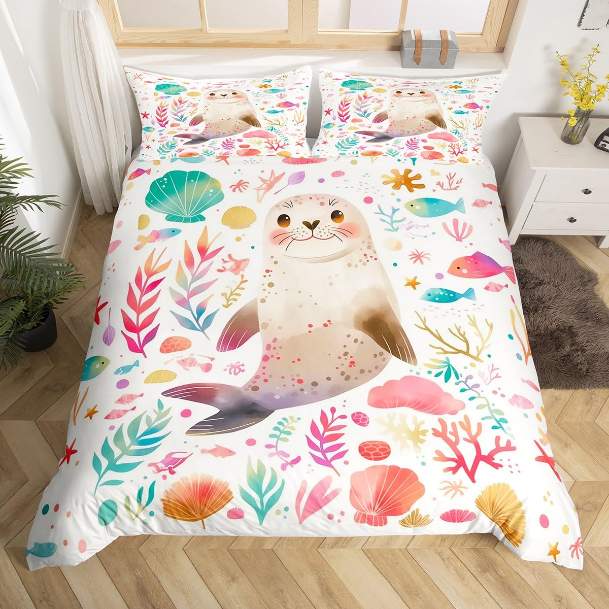 

Seal Duvet Cover Set for Kids Boys Girls Queen Quilt Covers Lightweight Down Room Decor 2 Pillowcases 1 Duvet Cover No Comforter (135x200cm)