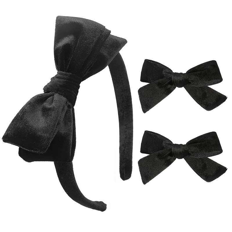 DEEKA Orange Brown Velvet Bow Headband & 2 Pcs Velvet Hair Bows Set Uniform Hair Accessories Hair Band for Little Toddler School Girls -Orange Brown