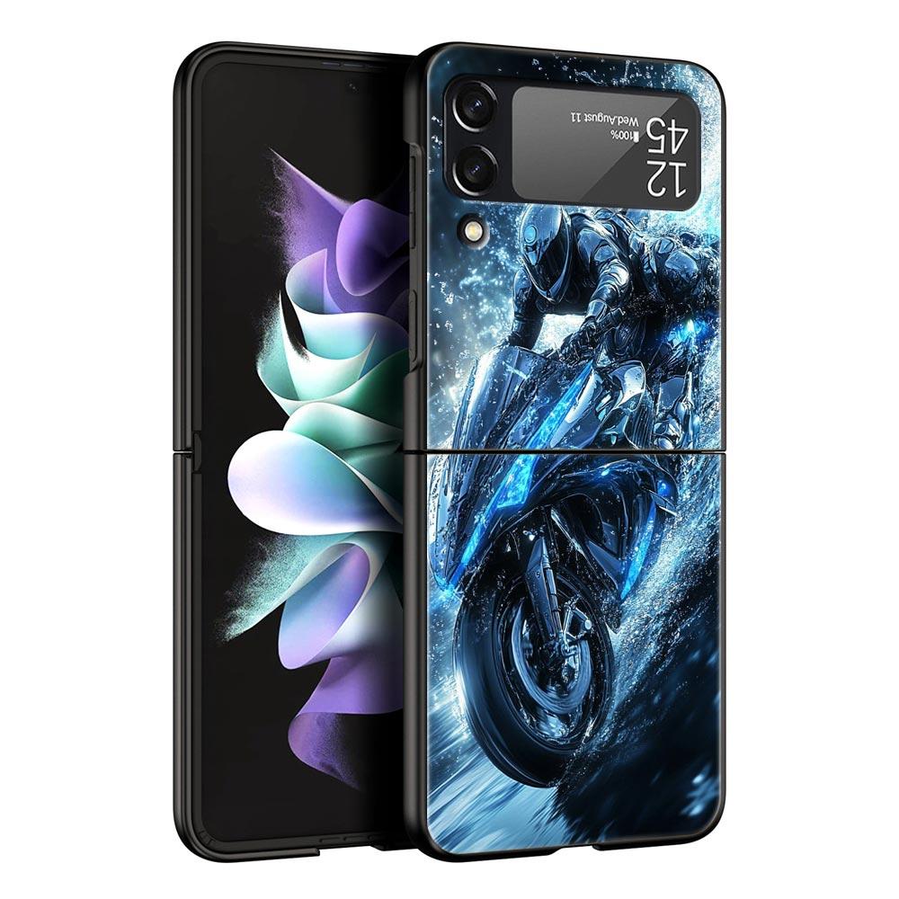Motorcycle Hard PC Phone Case For Samsung Galaxy Z Flip 7 6 5 4 Black Cover For Galaxy Z Flip 3 Foldable Fundas Shell Capas Bags