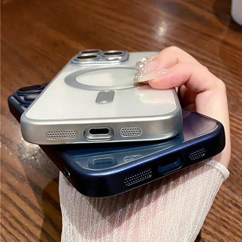 Luxury Matte Plating Frame Clear Case For IPhone 15 14 13 12 11 Pro Max Plus Magsafe Magnetic Wireless Charge Lens Protect Cover