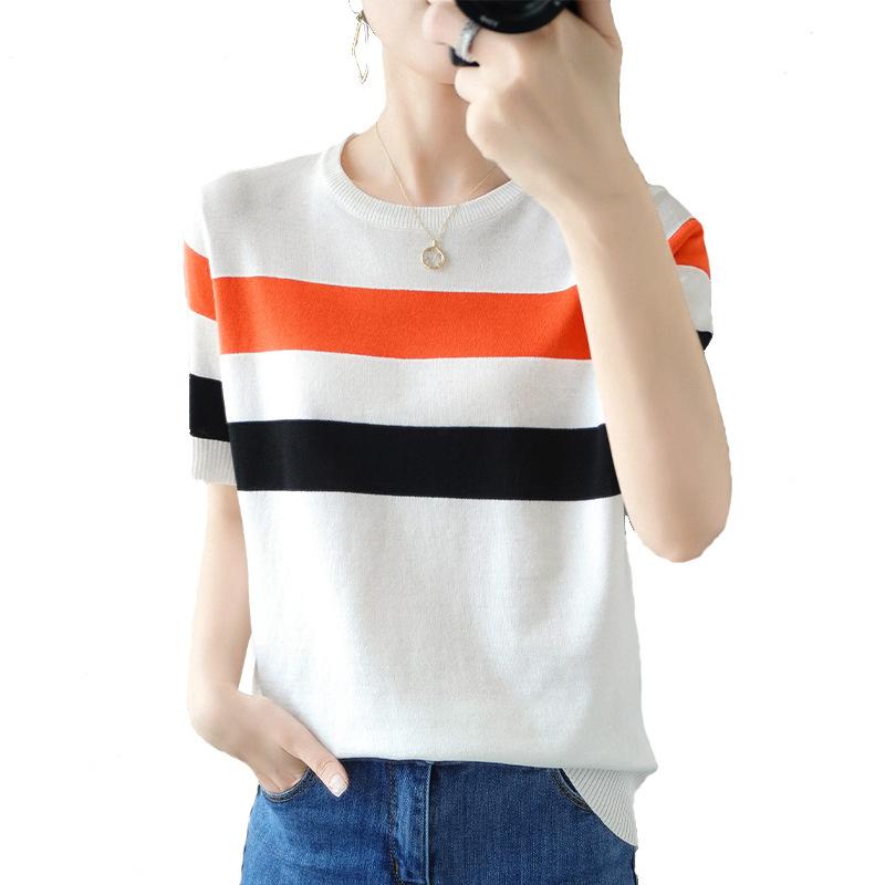 Ice Silk Striped Round Neck Sweater for Women's Summer Loose and Versatile Short-sleeved Top