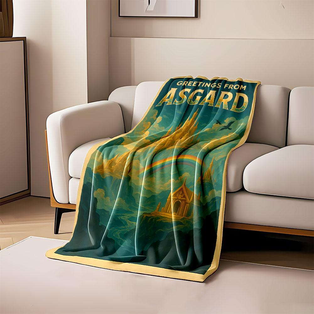 

A golden Asgardian castle and rainbow bridge amid a cloudy, mystical sky. for all seasons blanket lunch break throw gift 80cm x 120cm