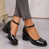 Ankle Strap Chunky Heel Mary Janes Pumps Women Fashion Black Patent Leather Dress Shoes Woman Elegant Round Toe High Heels Pumps