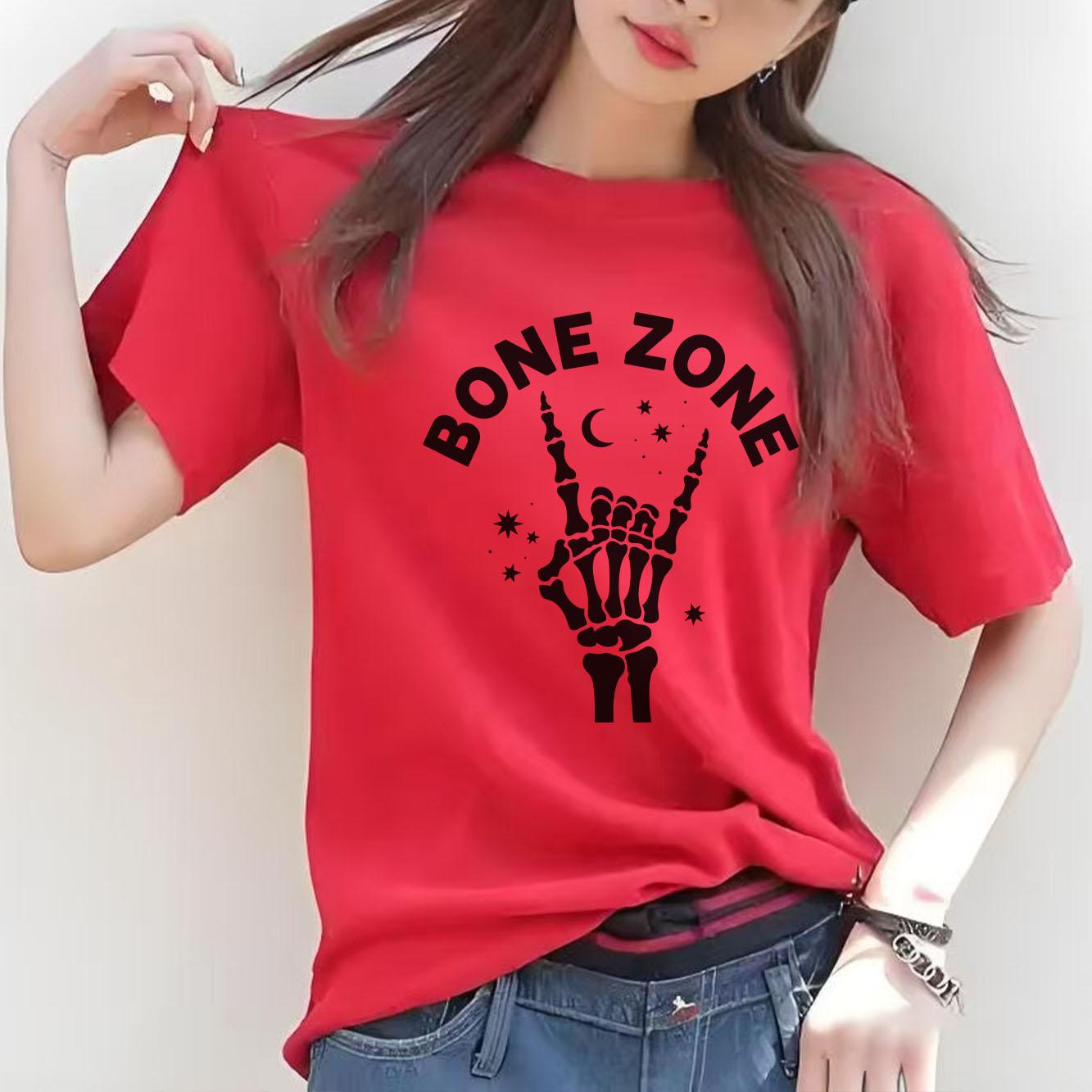 Fashion Skeleton Hand BONE ZONE Letter Printed Pattern Street Style Tshirt Short Sleeve Round Neck Casual Womens Tshirt S