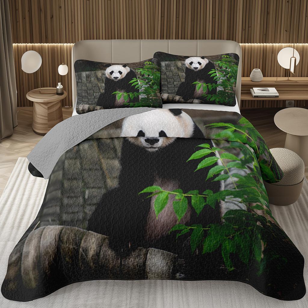 White And Black Panda Bedspread Set Kawaii Bamboo Botanical Twin Quilt Set Cute Panda Themed Coverlet Wild Animal Bedding Set