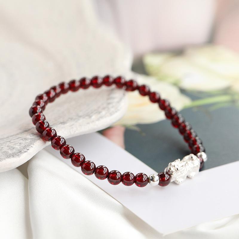 Natural Wine Red Garnet Silver Pixiu Beaded Bracelet for Women