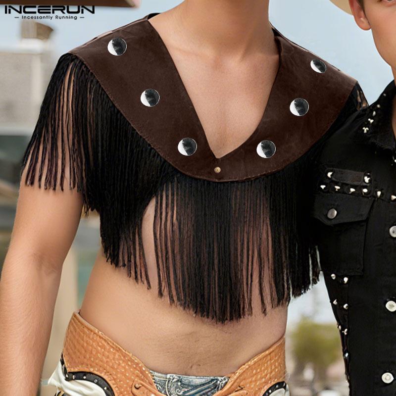 INCERUN Men Low Cut Neck Stitching Tassel Fashion Cropped Cloaks Tops