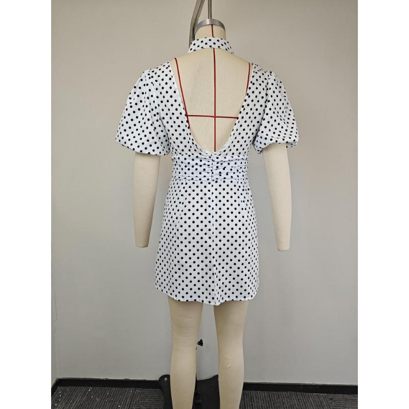 Vestito Mini Casual da Donna alla Moda a Pois con Intagli e Maniche a Sbuffa a Manica Corta con Collo Alto