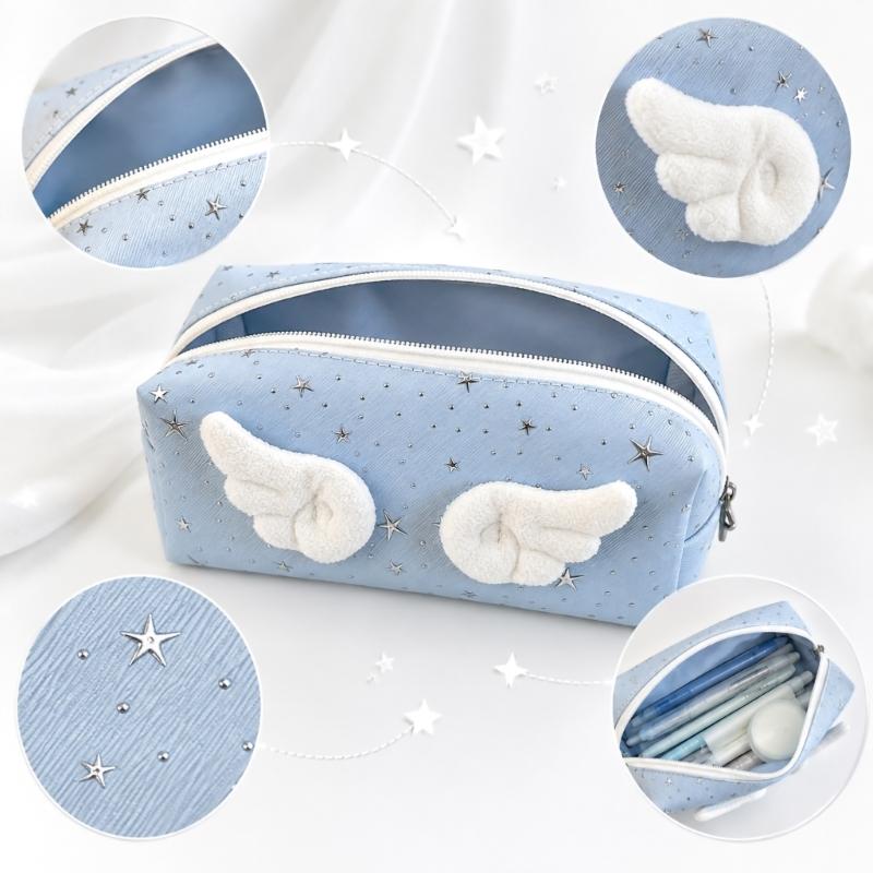 Wing Applique Pencil Case for Students, Soft Fabric Pen Case with Wide Opening for Daily Class and Desk Use