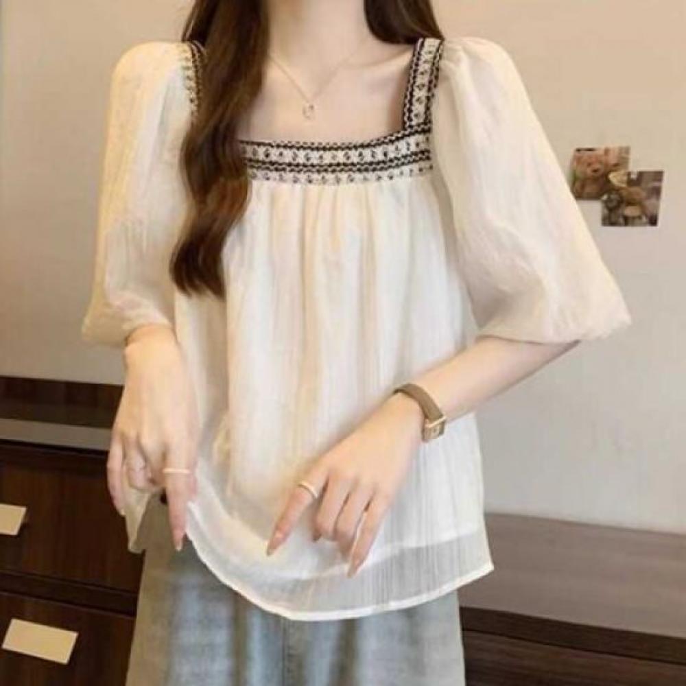Navava Women Retro Square Neck Short Sleeve Blouse Nb2744