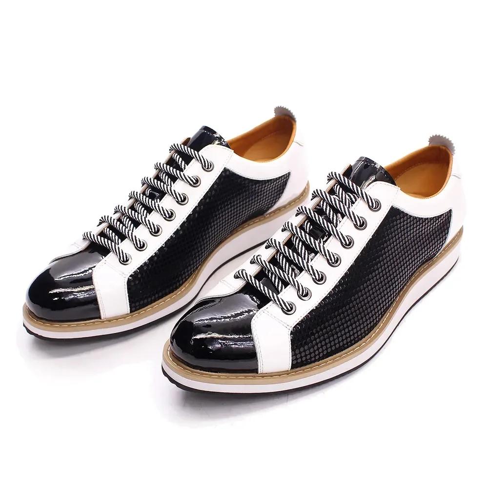 Fashion Luxury Brand Large Size Men's Flat Sneakers 6 To 13 Patent Leather Lace-up Black White Casual Shoes for Men