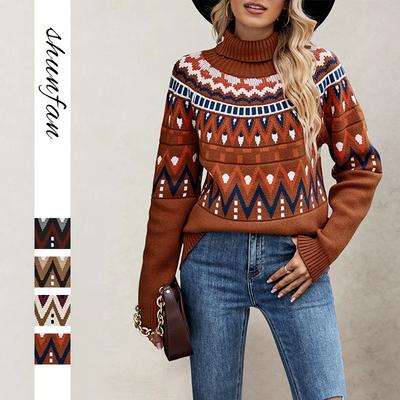 Winter New Women's Clothing Retro Striped Splicing Contrasting Sweater High Neck Loose Knitted Sweater