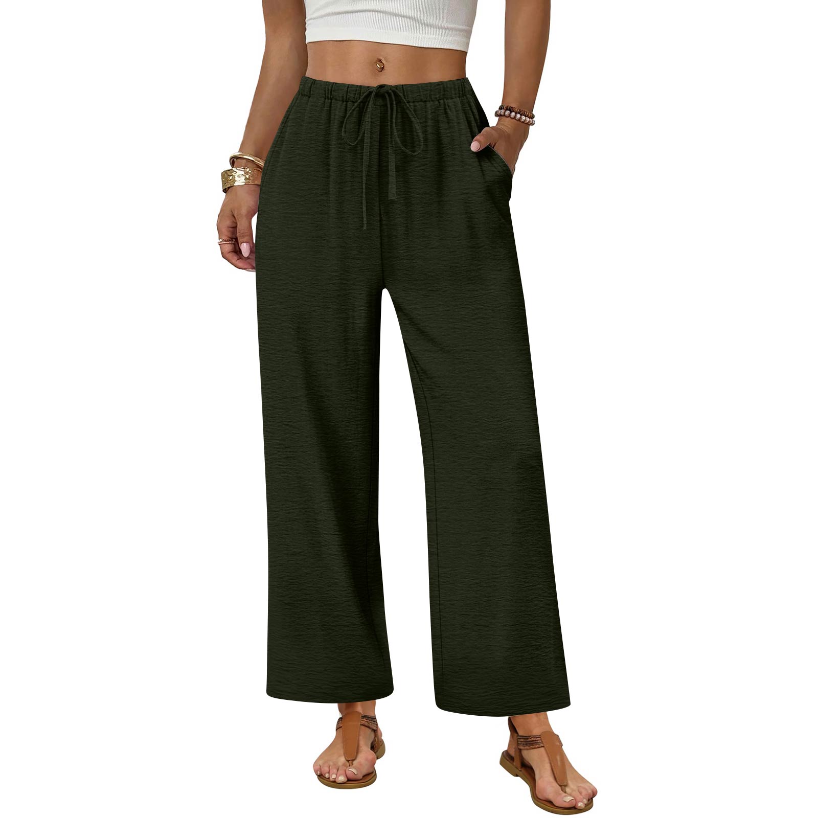 

Women s Fashionable Wide-Leg Drawstring Pocket Plain Loose-Fit Cropped Casual Trousers L