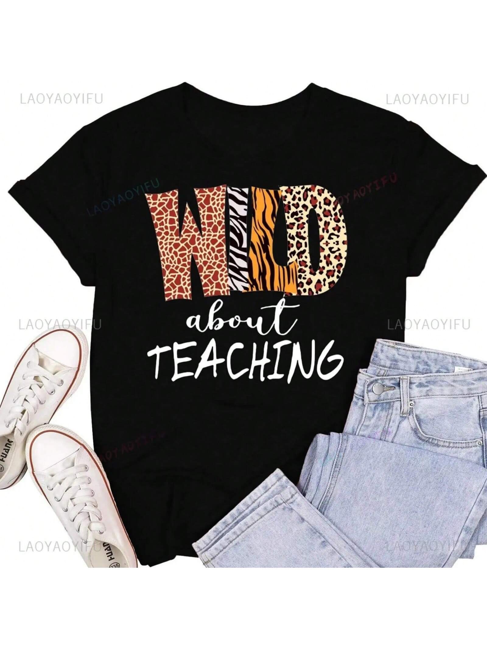 Wounisex Teacher Shirts Wild About Teaching Leopard Print COTTON T-Shirt Teacher Life Tee Top S разноцветный