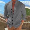 Men Summer Shirt Long Sleeve Stand Collar Single-breasted Casual Buttons Daily Wear Slim Fit Solid Color Beach Shirt Male Clothes