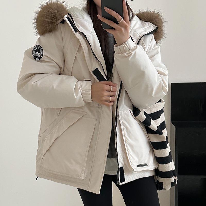 

Women s Loose Cotton Jackets, Bread Jackets, Thickened Outdoor Cotton Jackets, Short Hooded Large Wool Collar Workwear and Cold-proof Jackets S білий