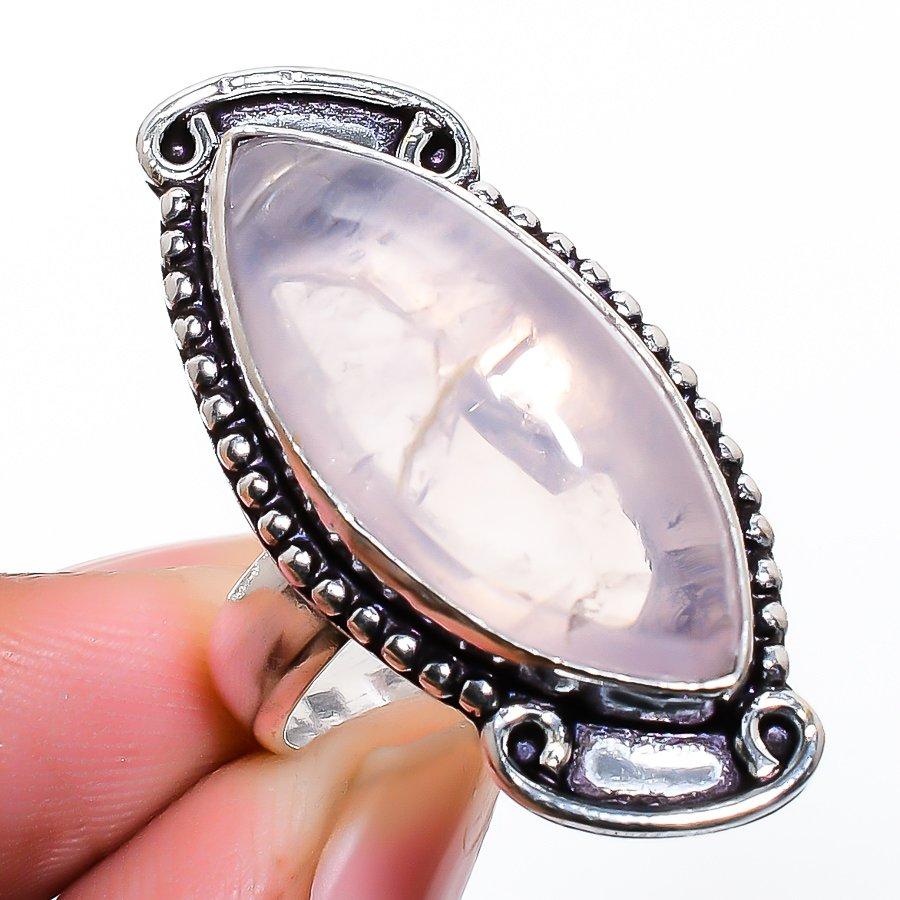 Rose Quartz Gemstone Handmade 925 Sterling Silver Jewelry Ring Size 7.5