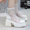 Fashion Fashion Block Heel Cold Boots Women's Autumn New Round Toe Spliced Mesh Rear Zipper Platform Non-Slip Shorthole Boots