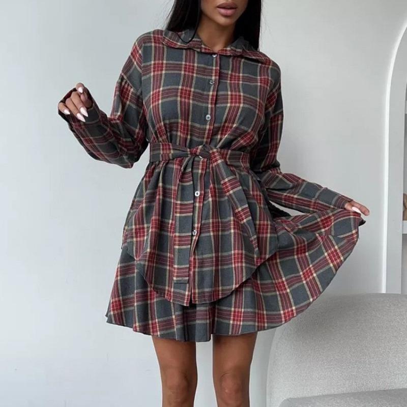 Women's Fashion Casual Plaid Skirt Lapel Loose Shirt Strap Pleated Skirt Two-piece Set