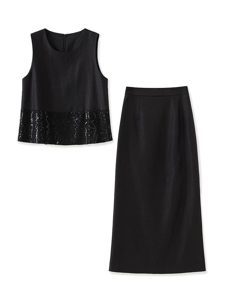 French Sequin Embroidery Vest & Tencel Midi Skirt Two-Piece Set for Women
