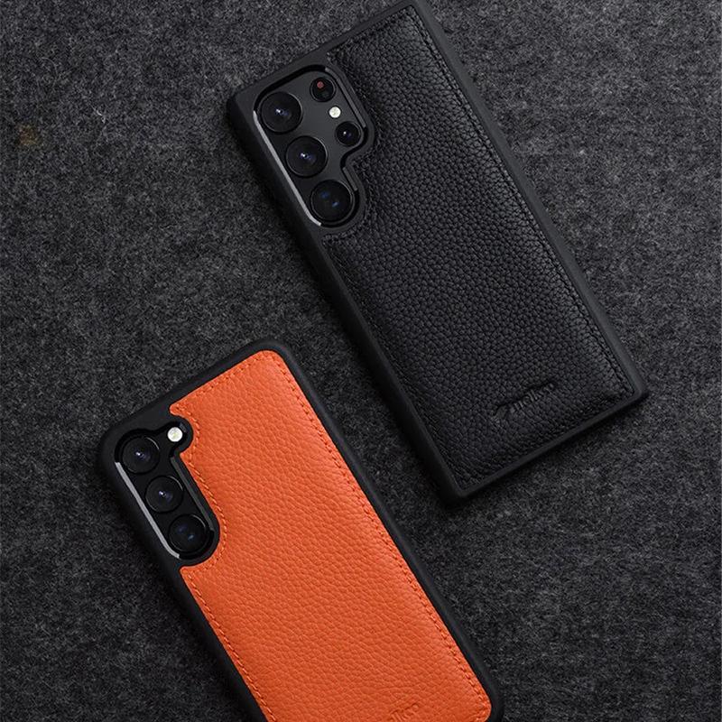 MELKCO Für Samsung Galaxy S23 Ultra Handyhülle Echtes Rindsleder Beschichtete Harte PC Slim Case