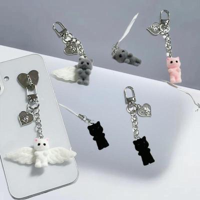 Cute Flocked Angel Wings Cat Keychain Kawaii Heart Phone Chain Anti-Lost Lanyard Bag Decor Gift