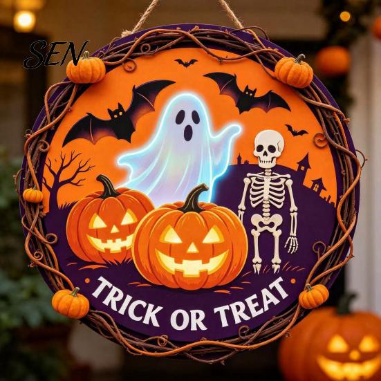 Holiday Party Supplies Vintage Wooden Halloween Welcome Door Hanger, Pumpkin Ghost Skull Witch Wall Skeleton Home Decor Sign, Farmhouse Hanging
