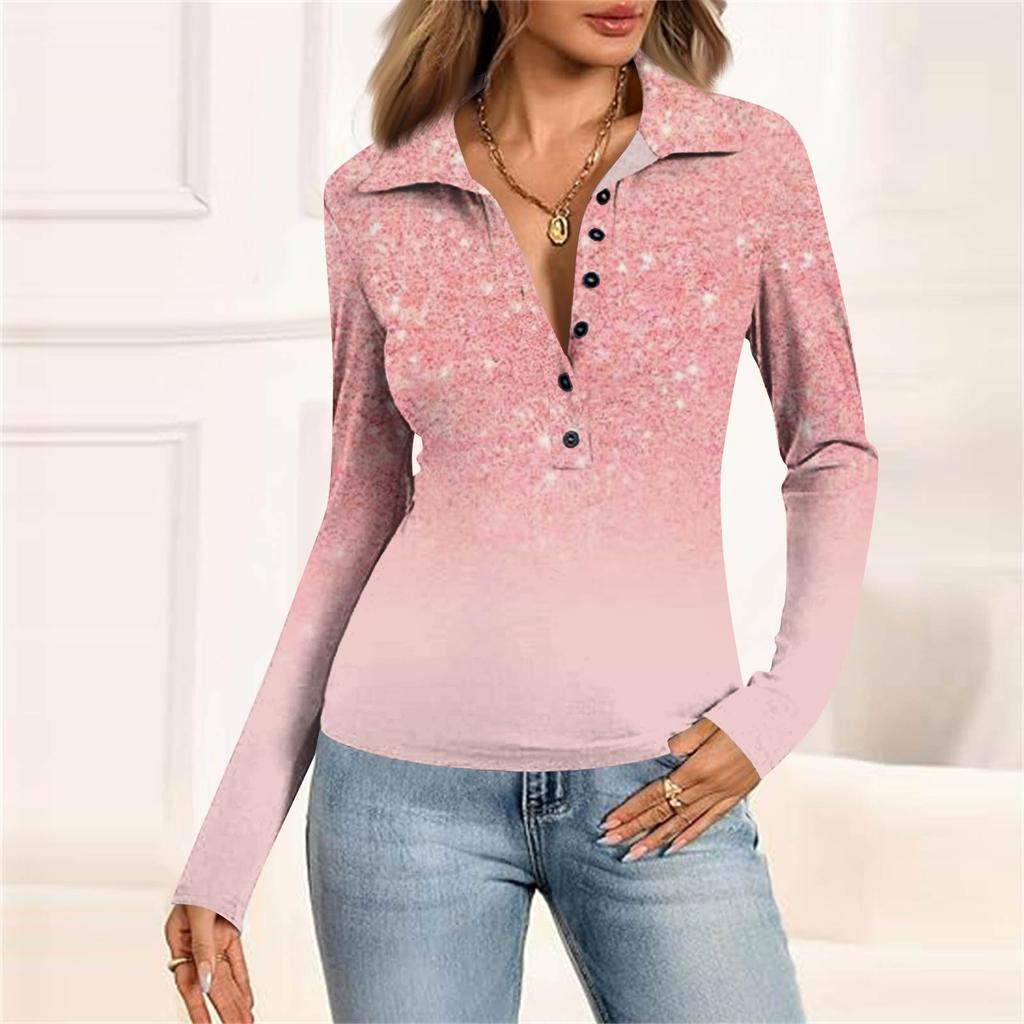 Damenmode Lässig Bedrucktes V-Ausschnitt Langarm Knopfleiste Oberteil