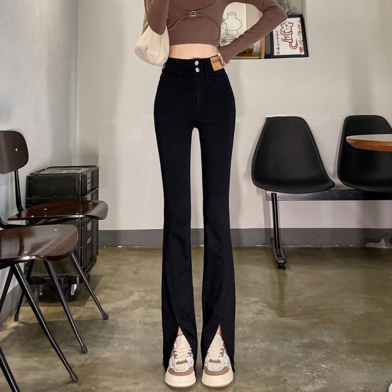 Women's Stretchy Black High-Waisted Split Denim Jeans, Slim Fit, Micro Flare, Petite-Friendly, Floor-Length, Straight-Leg with Good Drape