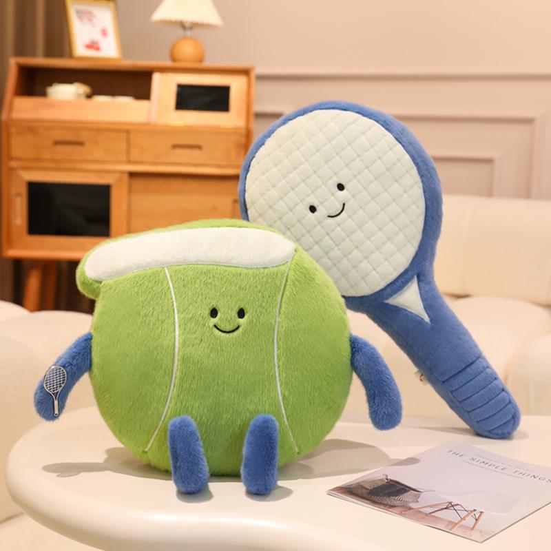 Neues Tennis und Tennisschläger Plüschtiere Kawaii Tennis Sportpuppe Weicher Tennisball Stofftiere Kissen Lustiges Sofa Dekokissen