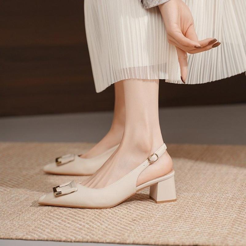 White Square Button Head Thick Heel High Heels Women's Not Tired Feet New Versatile Medium Heel Light Mouth Single Shoes Women's Leather Shoes