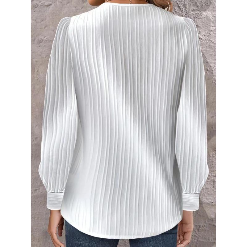 Jarní a podzimní dámská halenka Jednoduchá plisovaná halenka Knoflíček s výstřihem do V Jednobarevný top s dlouhým rukávem