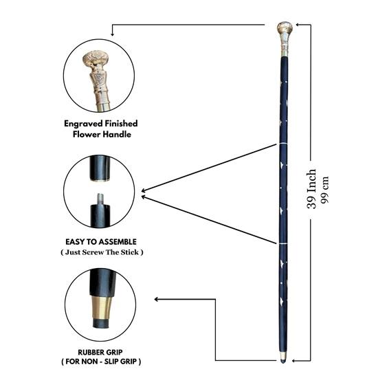 99.06 Cm Brass Flower Handle Walking Stick, Stylish Black Hardwood Foldable Cane, Gift For Father, Grandparents, Christmas Gift, Anniversary Gift