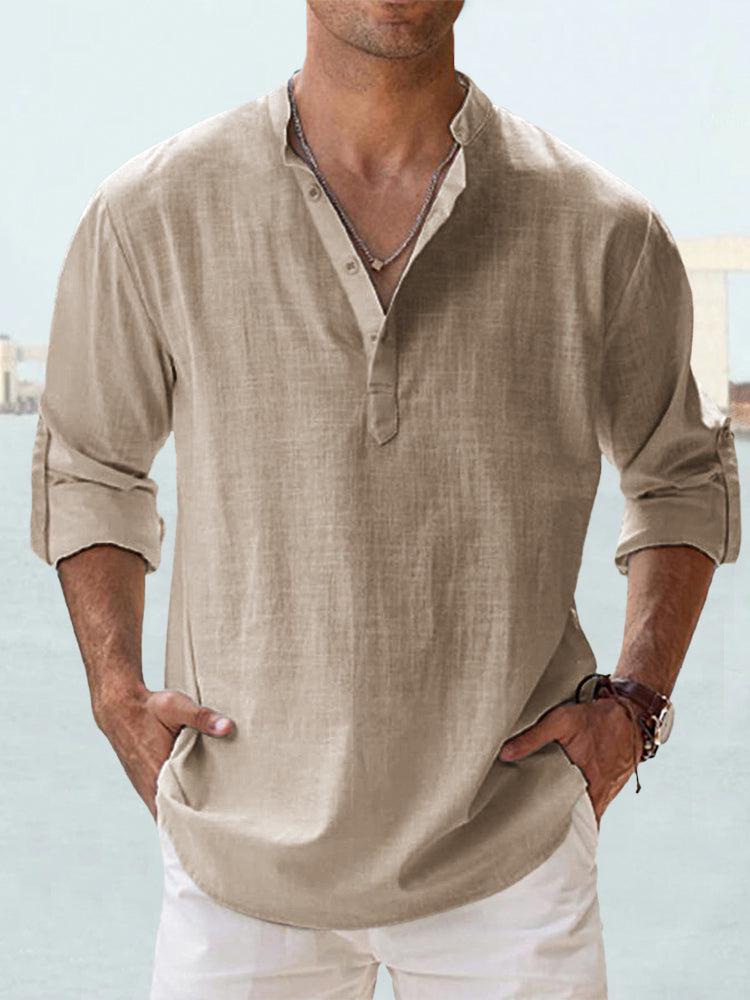 Men s 2026 Cross-Border Linen Stand Collar Long-Sleeve T-Shirt S хаки