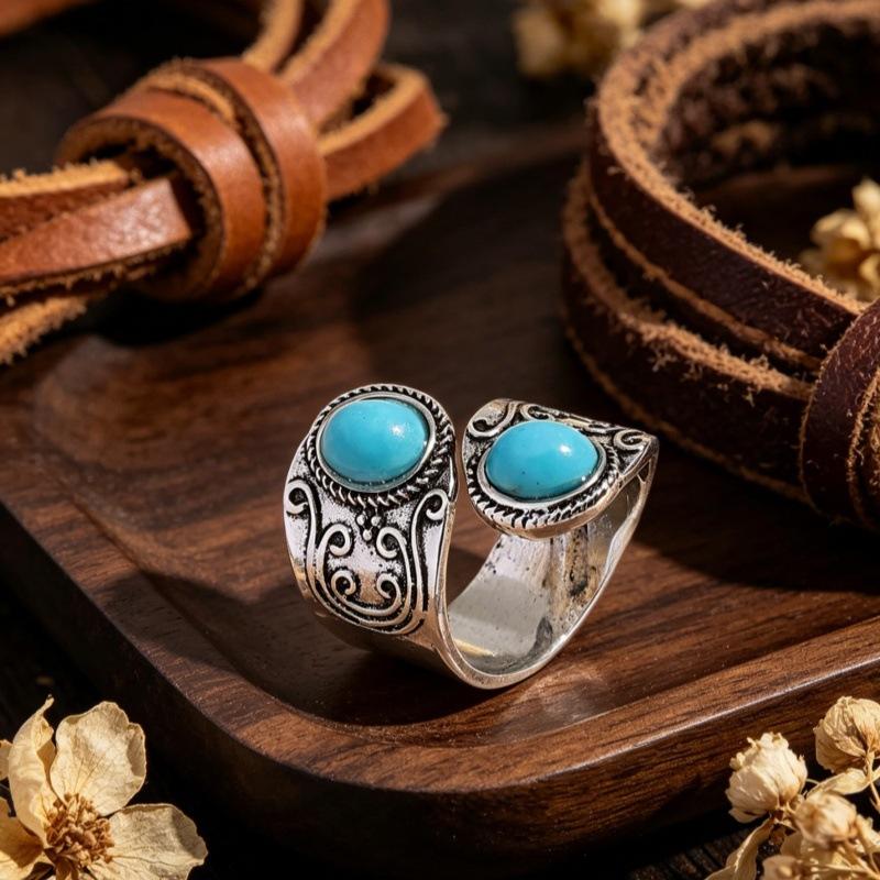 Vintage Flower Carved Personalized Opening Ring, Exaggerated Turquoise Punk Ring