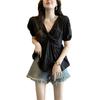 Summer new thin belly hidden meat slightly fat sister French v-neck chic design shirt top women