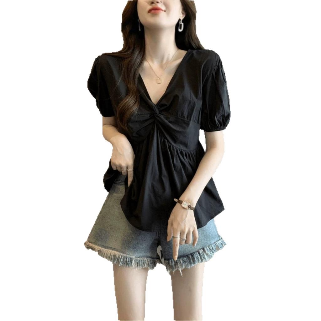 Summer new thin belly hidden meat slightly fat sister French v-neck chic design shirt top women