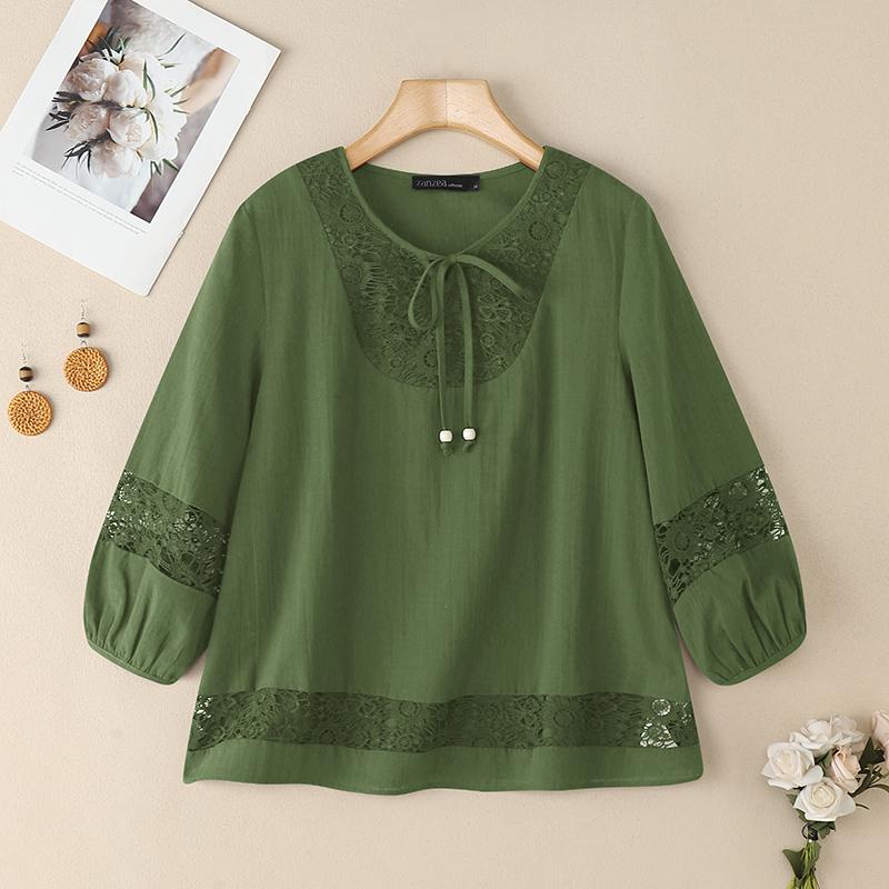 

ZANZEA Women Casual Lace Splice Round Neck Loose 3/4 Sleeve Blouse 5XL зелений