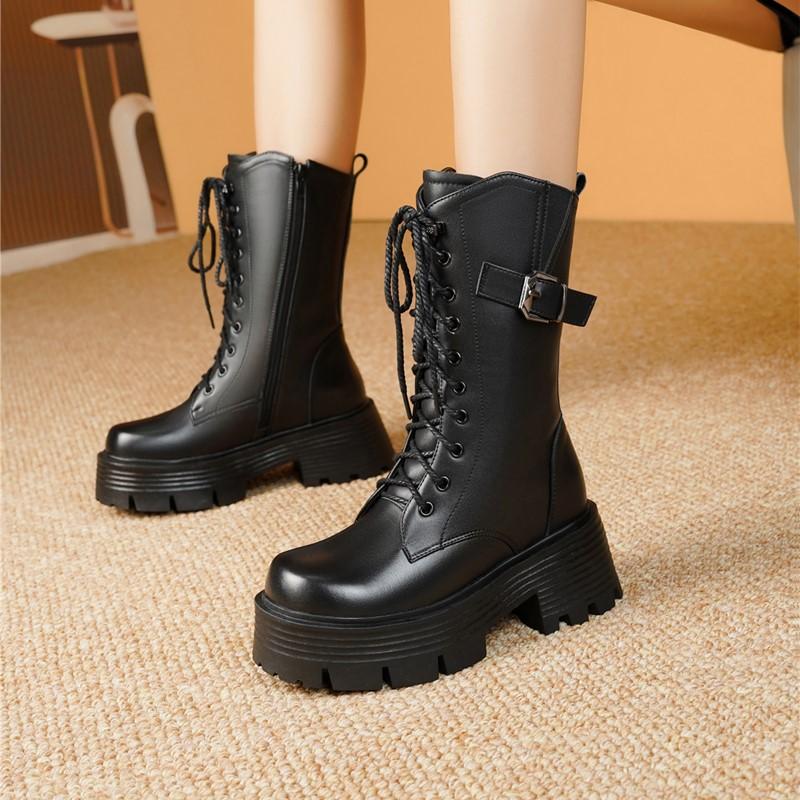 Fashion Snow Boots Female Genuine Leather New High Heel Platform Women Ankle Boots British Style Natural Wool Warm Women Winter Boots