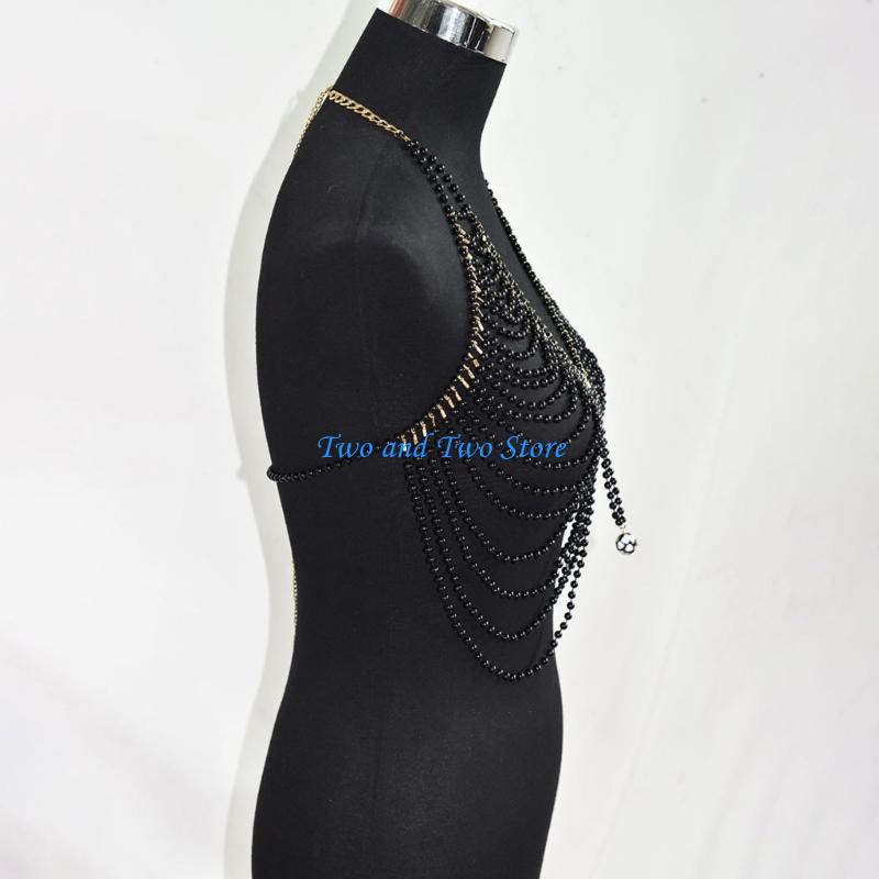 HX6F Gothic Imitation Pearls Beaded Body Chain Halter Neck Ladies Fashion Camisole CN