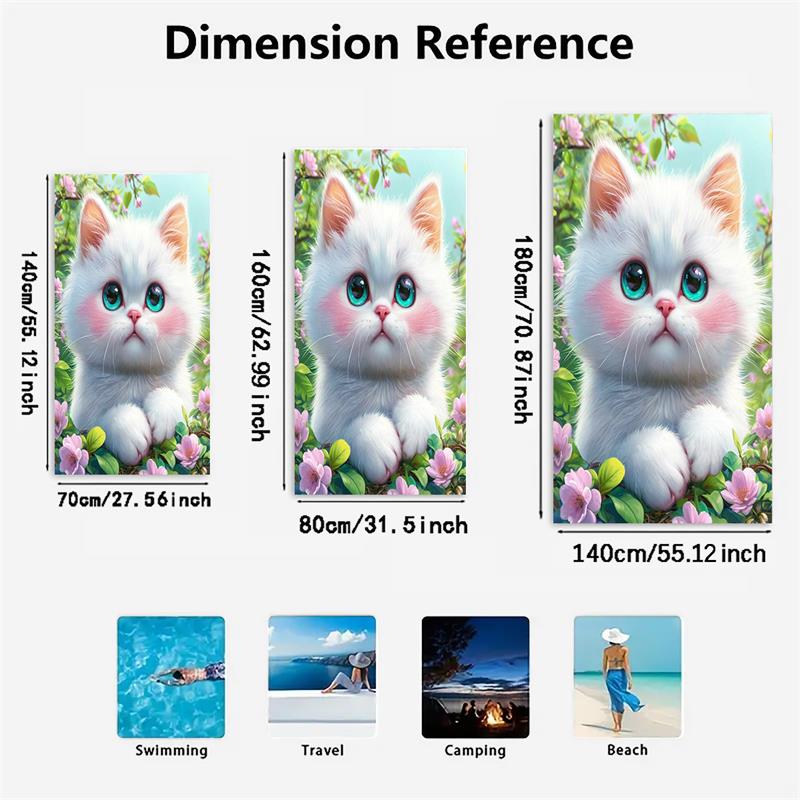 1PC  Cute White Cat Print Beach Towel, Quick Dry Sand Free Oversized Towel