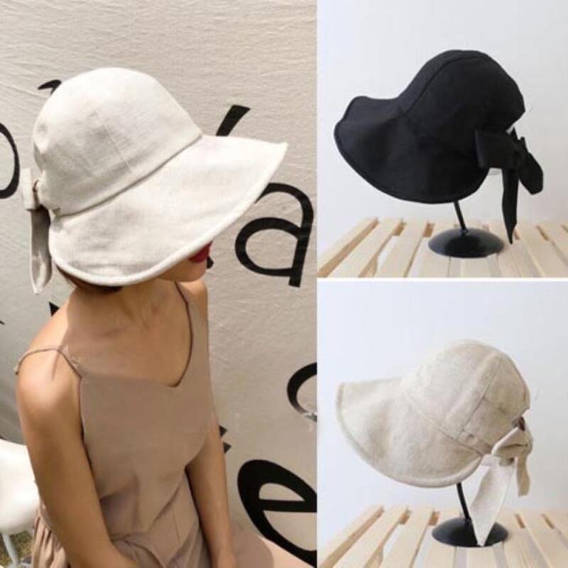 Женская льняная шляпа-ведро с лентой C6359_Black