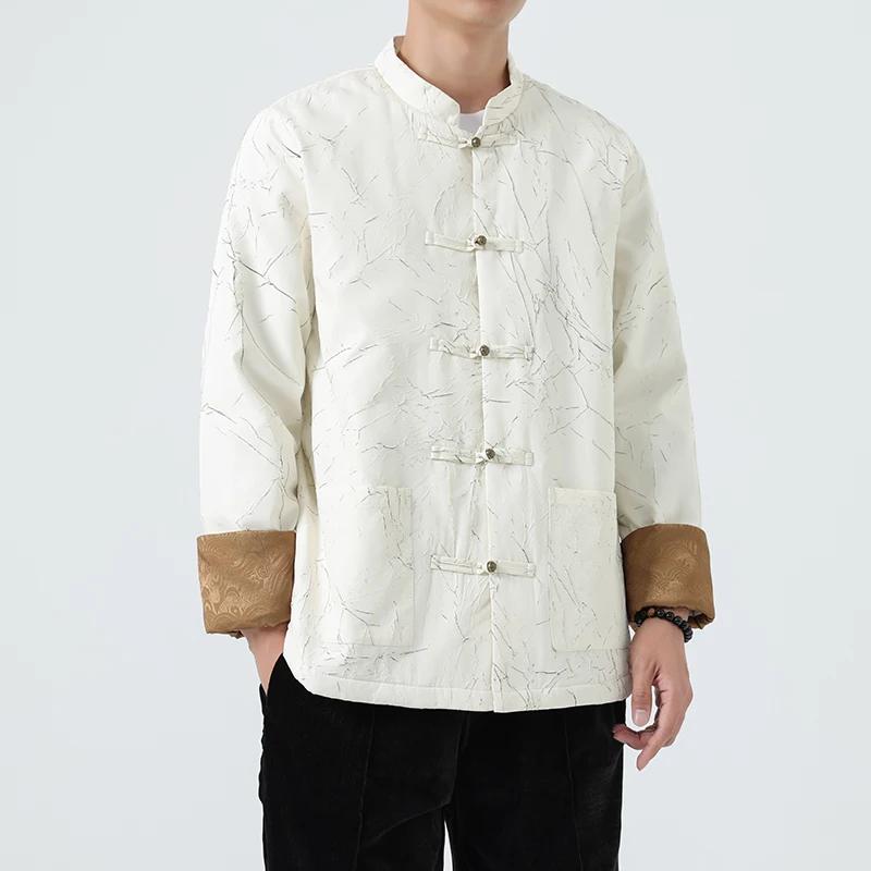 Autumn Winter Men Warm Jacket Men Disc Buckle Retro Tang Suit Jackets Man Stand Collar Emboss Hanfu Male Cotton Padded Coats