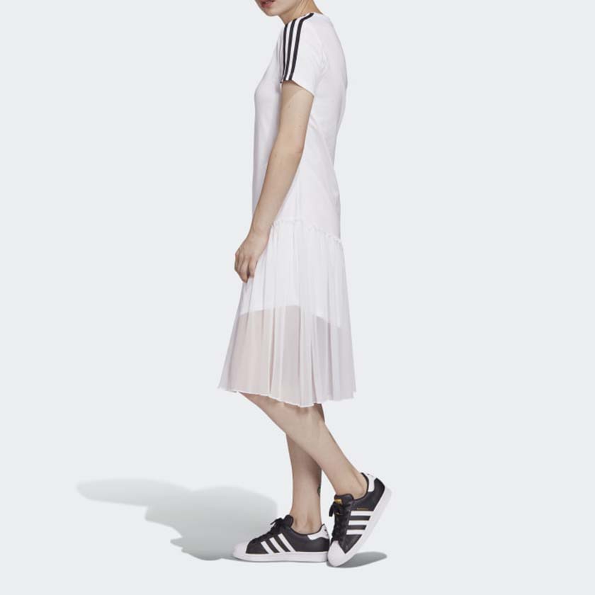 Adidas Originals Tulle Dress Casual Striped Mesh Panel Short Sleeve Dress Women dresses White GK3662