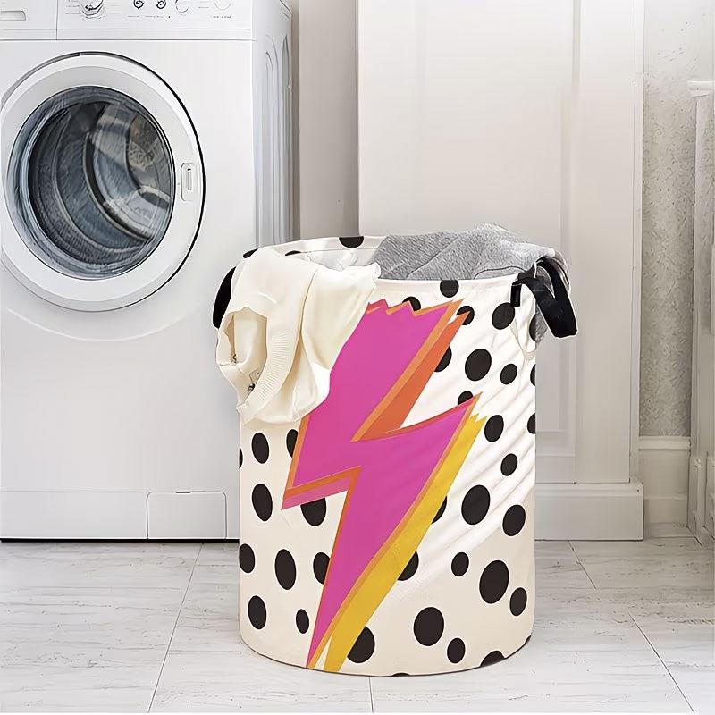Polka Dot Rainbow Lightning Folding Laundry Hamper with Handle