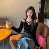 Spicy Girl Off-Shoulder Black Slim Fit Autumn T-Shirt
