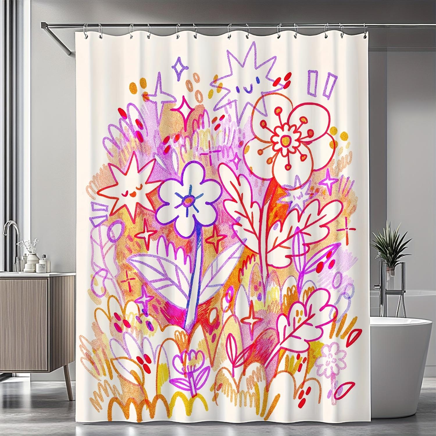 

1pc Whimsical Floral and Starburst Shower Curtain - Vibrant Watercolor Design, Washable Polyester, Perfect for Modern Bathroom 90x180cm35x71in