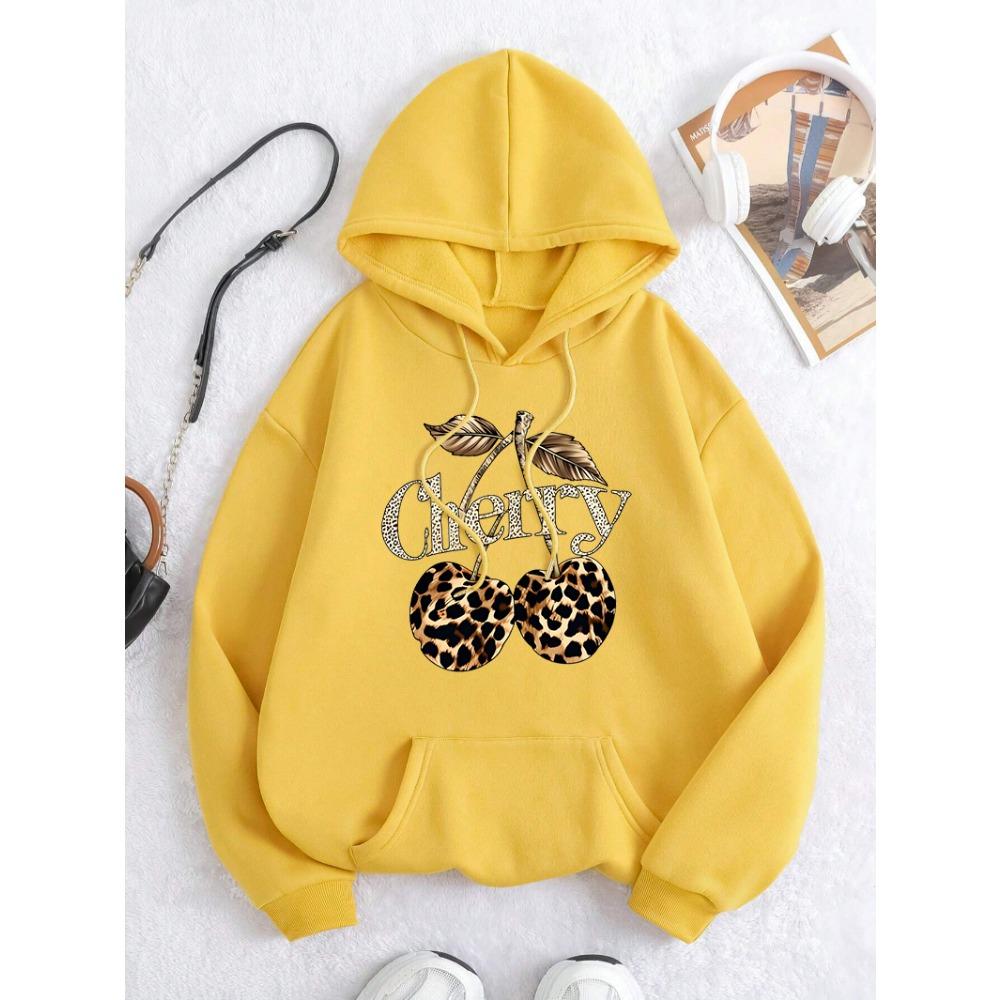 Leopard Cherry Creative Printing Hoodies Women All-Match Streetwear Y2K Pocket Hoody Autumn Casual Woman Clothing